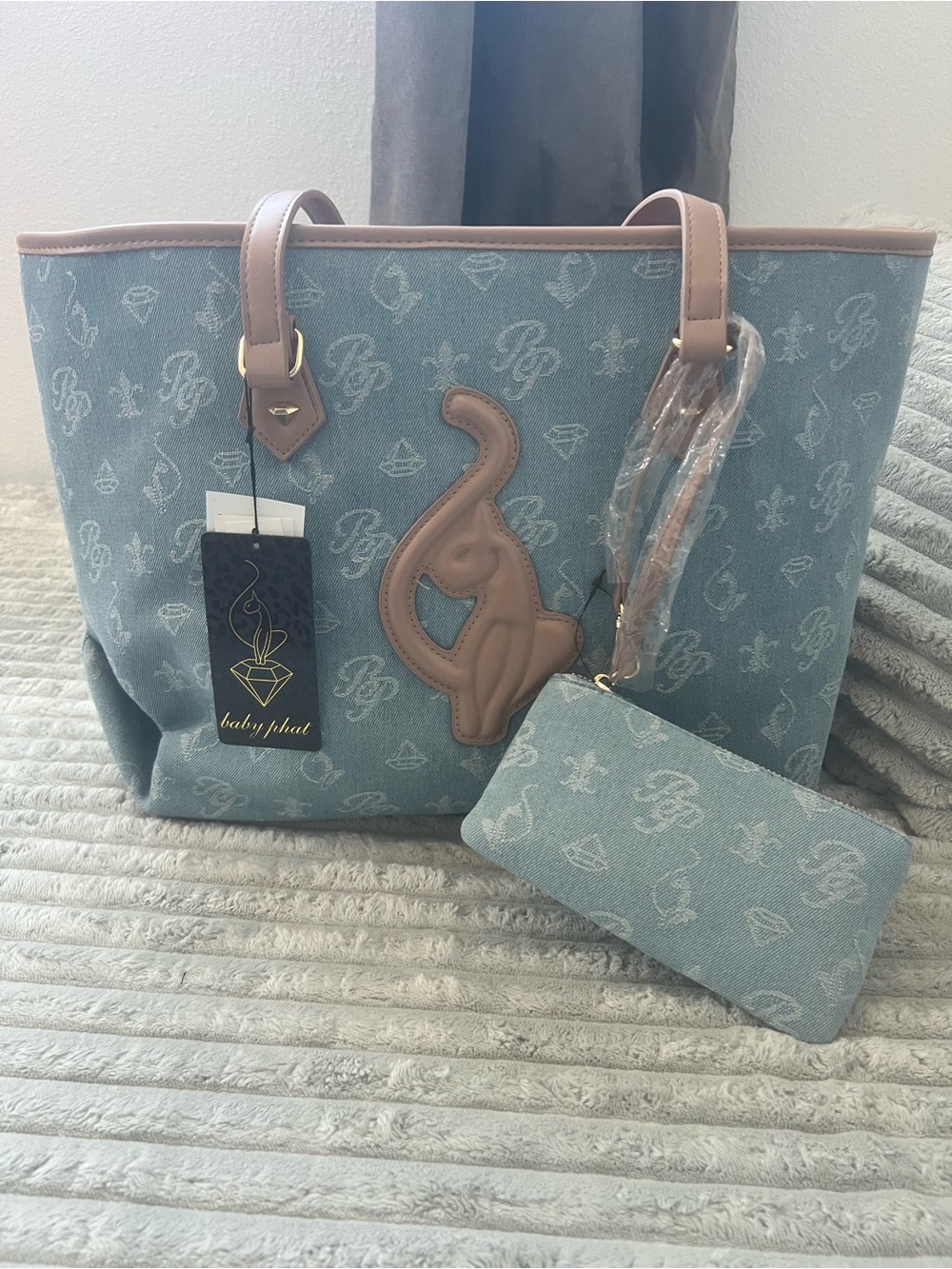 Baby Phat Denim-Style Tote with Tan Cat Appliqué